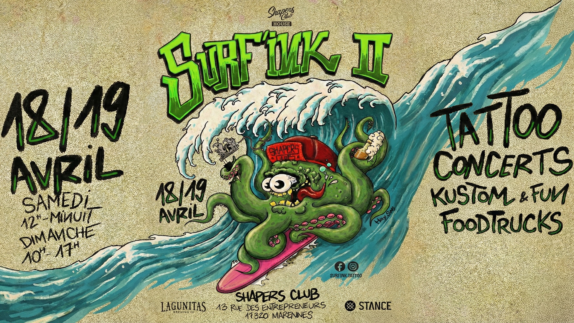 L'affiche illustrée de l'événement "Surf Funk II" montre une pieuvre surfeuse tenant une guitare. Dates de l'événement : Les 18 et 19 avril. Tatouages, concerts, kustom & fun, food trucks, au Shapers Club, à Marennes.