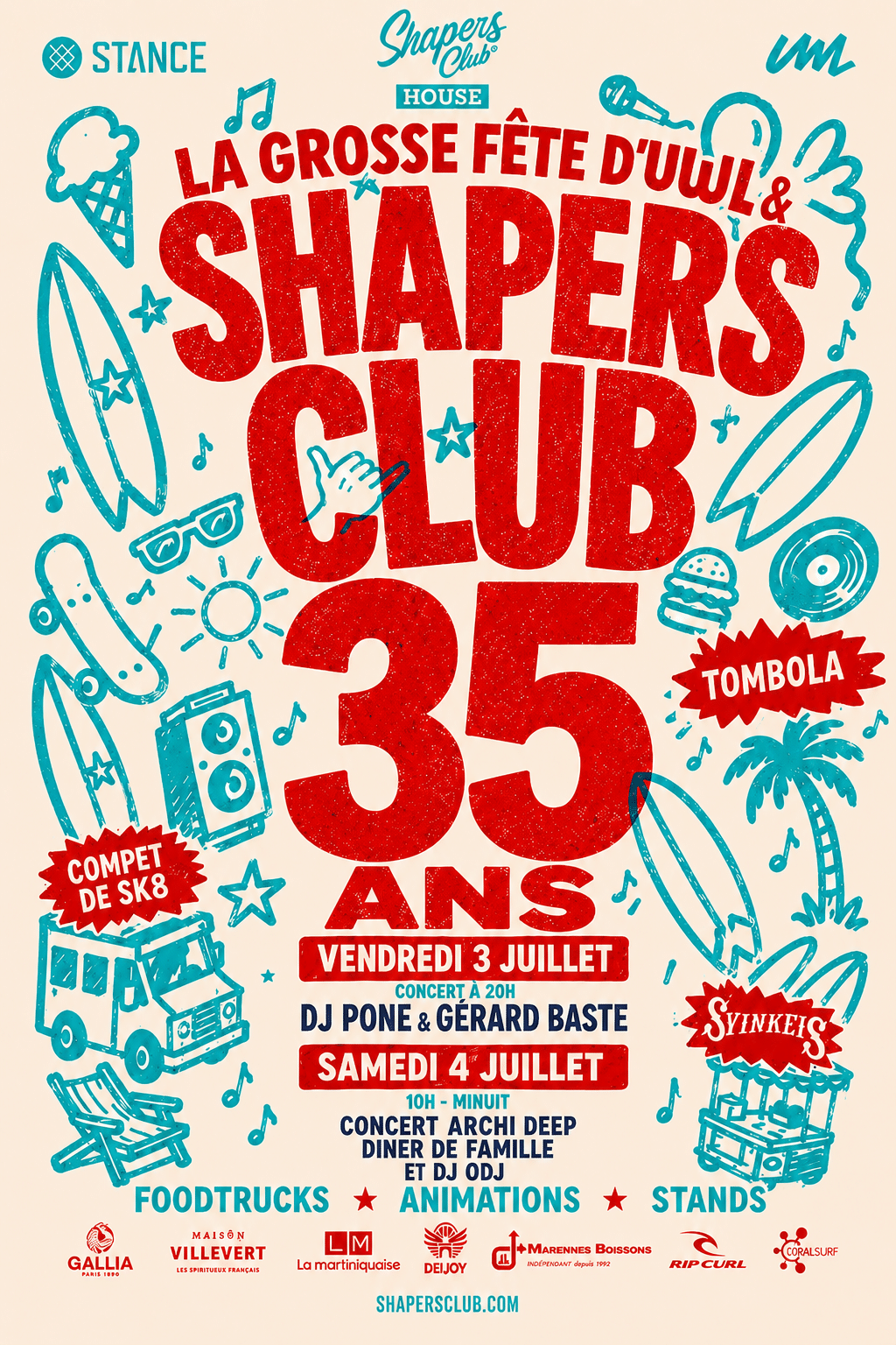 Affiche pour les 35 ans du Shapers Club : concerts, compétition de skateboard, food trucks, tombola et animations pour toute la famille les 3 et 4 juillet.