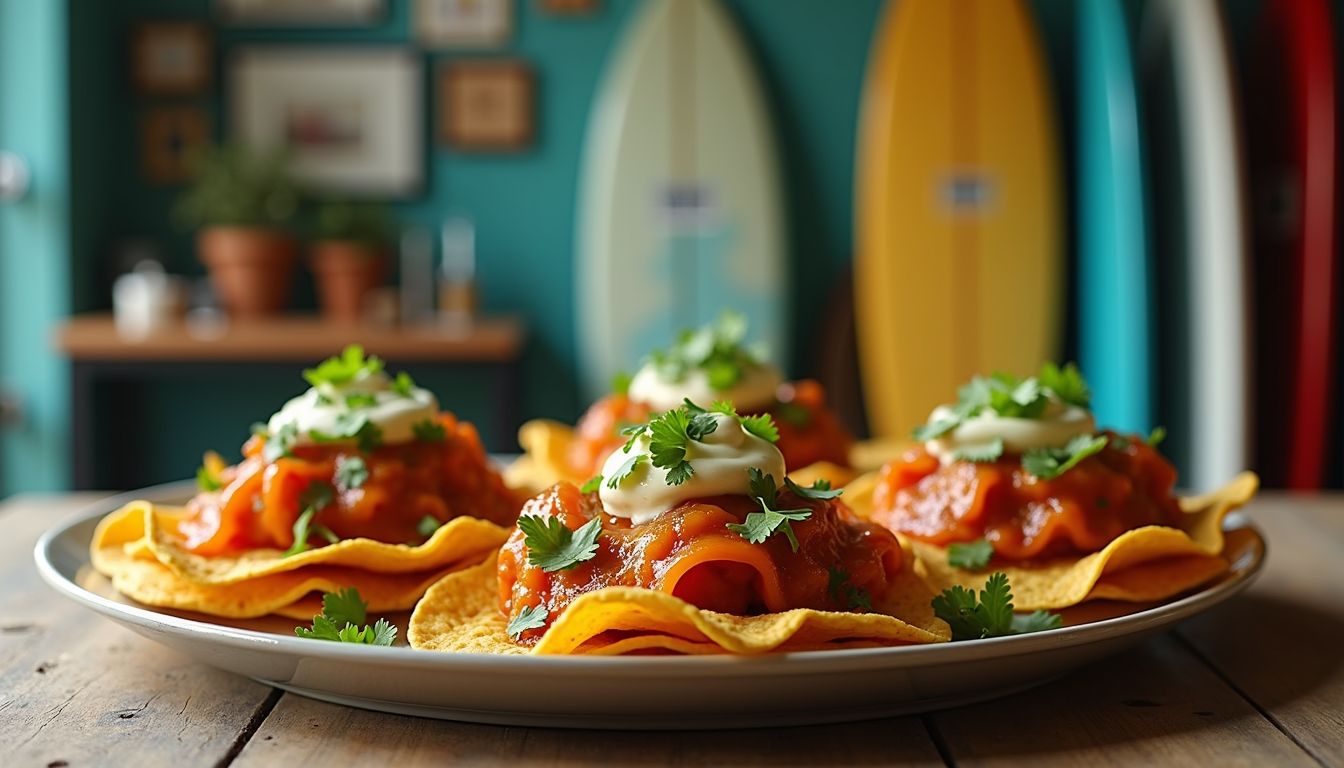 Une assiette de nachos nappés de sauce rouge, de crème sure et de coriandre est placée sur une table en bois au Shapers Club House. Des planches de surf et des photos encadrées sont visibles en arrière-plan, ajoutant une touche unique qui complète les saveurs mexicaines.