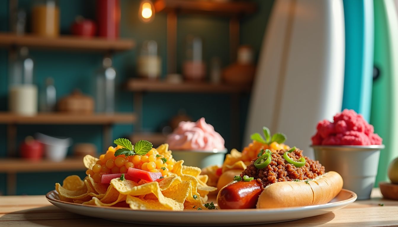 Une assiette de nachos garnis de tomates en dés, un hot-dog au chili et aux jalapenos, entouré de bols de différentes trempettes et le fond coloré des étagères de la cuisine Marennes constitue une collation responsable au Shapers Club House.