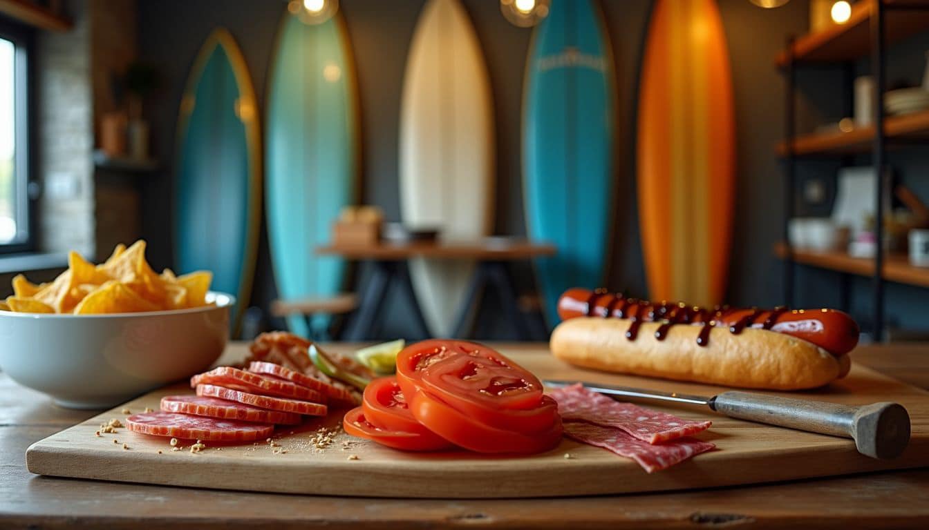 Une planche à découper avec des tranches de tomates, des cornichons et du salami est posée sur la table. À côté, il y a un hot-dog avec de la sauce et un bol de chips de pommes de terre Snacks Maison. Des planches de surf du Shapers Club House sont exposées en arrière-plan.