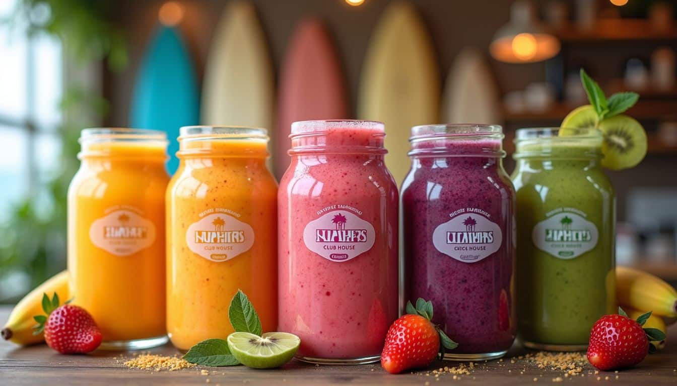 Cinq smoothies énergisants colorés dans des pots en verre sur un comptoir, avec des garnitures de fruits. L'arrière-plan présente des planches de surf et un décor intérieur chaleureux au Shapers Club House. Des fruits comme des fraises, des kiwis et des bananes sont également présents.