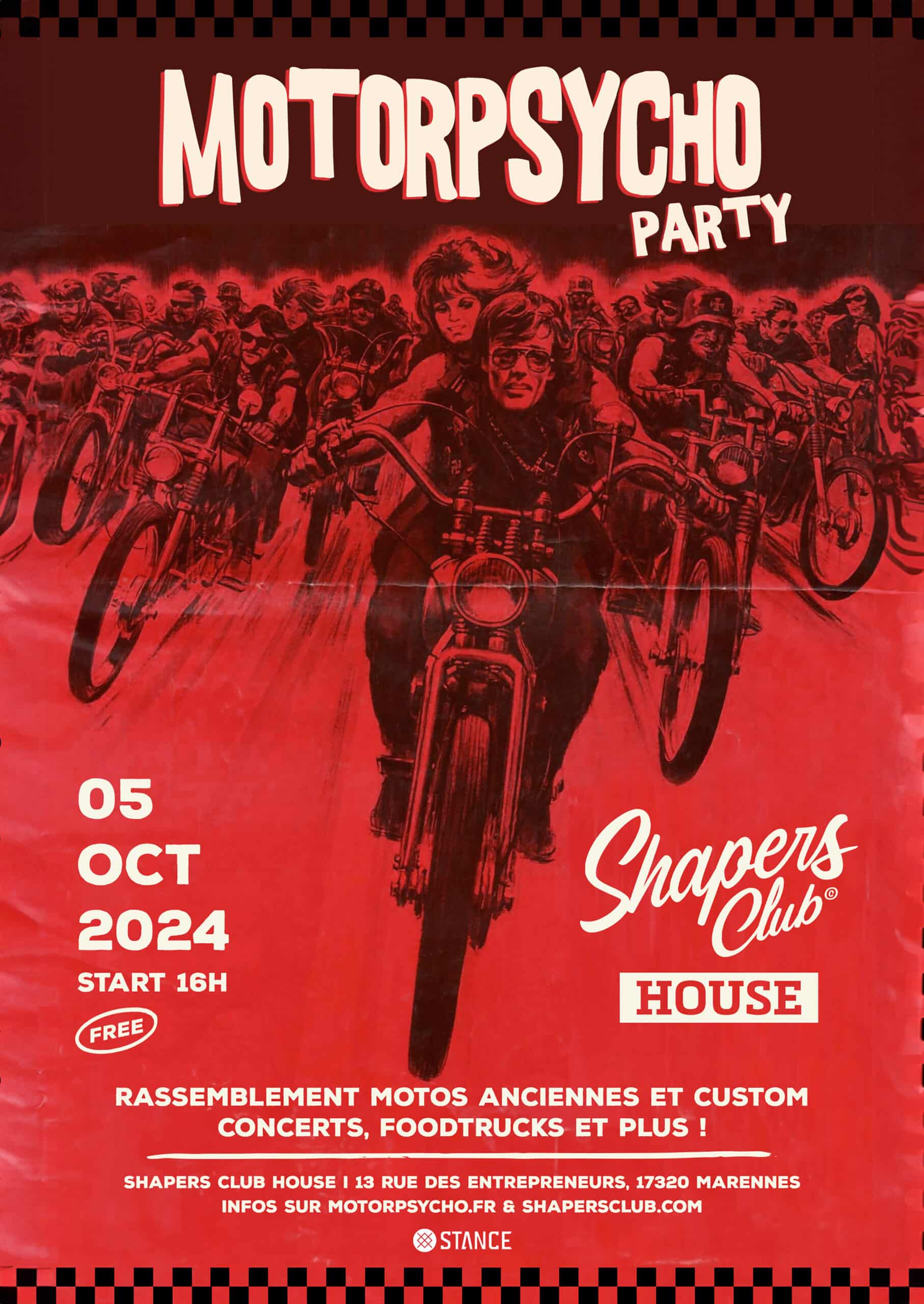 Affiche pour la soirée MOTORPSYCHO le 5 octobre 2024 au Shapers Club House. Rejoignez-nous pour un rassemblement de motos vintage, des concerts et des food trucks. L'événement démarre à 16h et est gratuit.