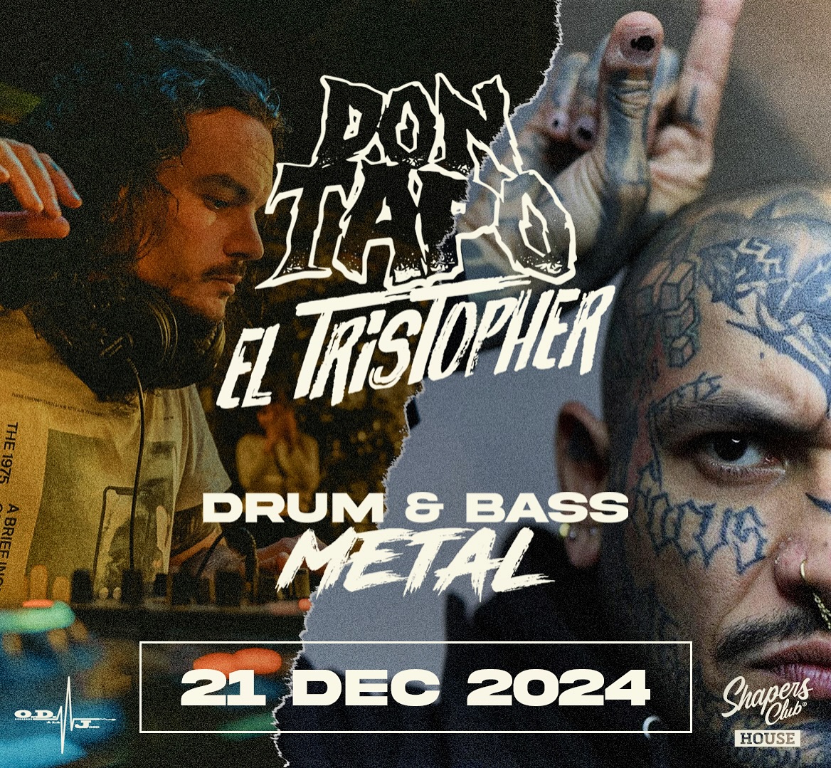 Ne manquez pas Don Tapio et El Tristopher qui écrasent la scène avec leur fusion électrisante de drum & bass et de métal. Rejoignez-nous pour cet événement imprégné de rock le 21 décembre 2024 au Shapers Club.