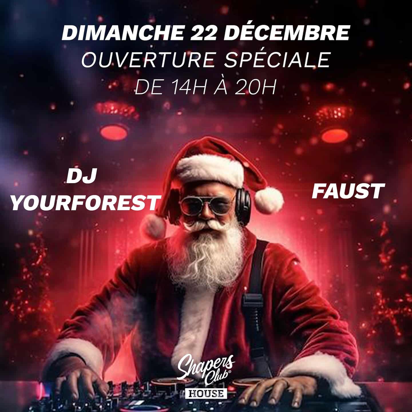 Le Père Noël DJ mixe de la musique avec des écouteurs dans un club, entouré de lumières rouges. L'ouverture exceptionnelle du bar aura lieu le dimanche 22 décembre, de 14h à 20h, avec DJ Yourforest et Faust. Les détails de l'événement sont fournis en français.