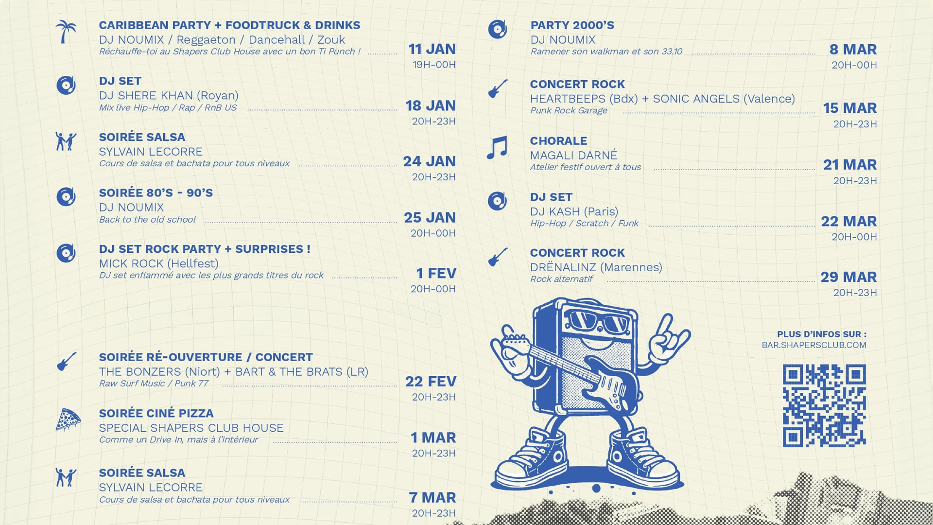 Affiche du programme des événements du Bar Shapers Club présentant divers événements de musique et de danse de janvier à mars 2024, avec des thèmes de fête, des performances de DJ et des soirées de concert. Avec une expérience houle spéciale ! Inclut un code QR pour plus de détails.