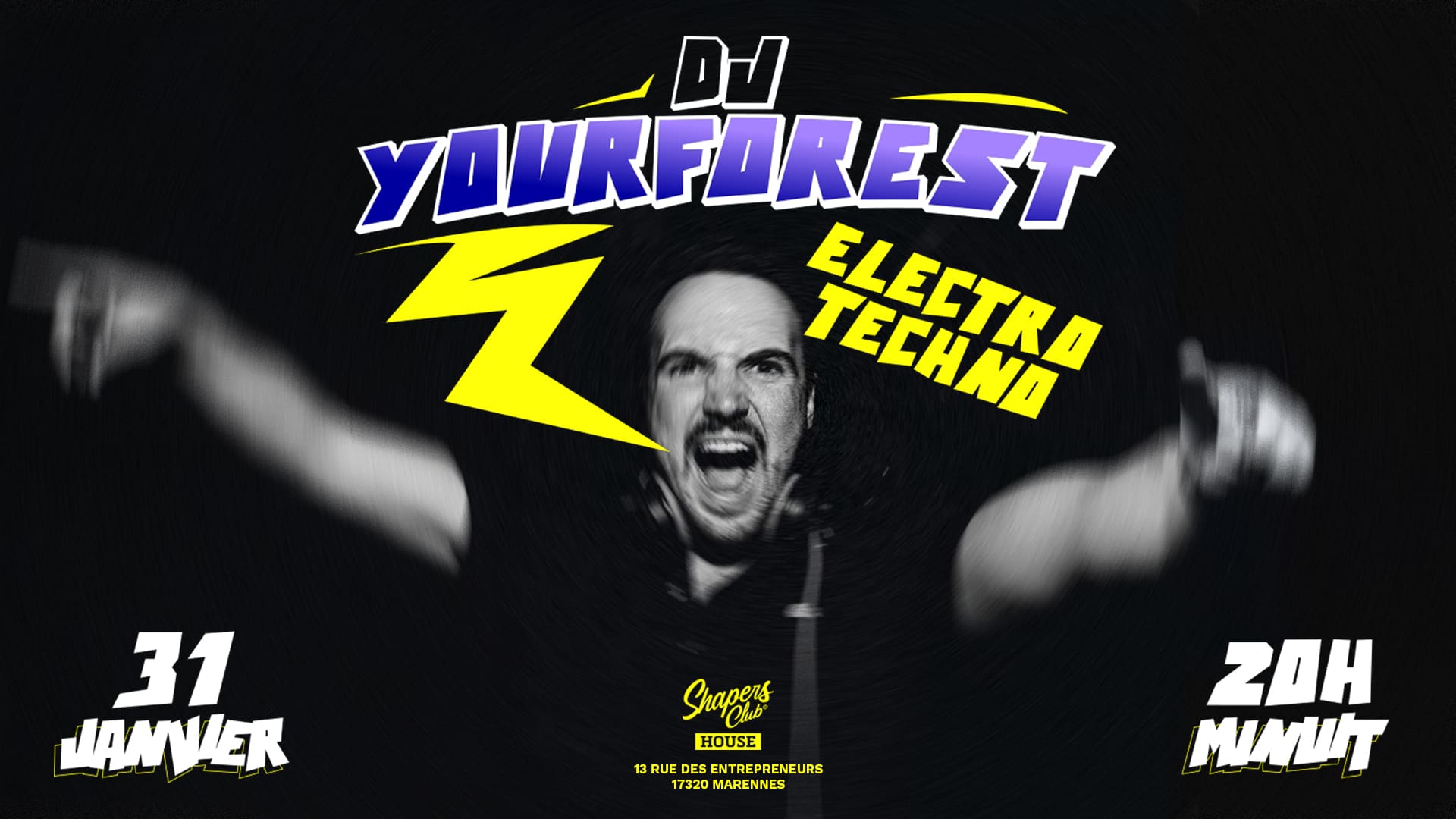 Affiche promotionnelle pour l'événement Electro Techno de DJ Yourforest le 31 janvier à 20h au Squares Bar House, 7190 Marennes. Comporte des graphiques dynamiques et du texte en gras.