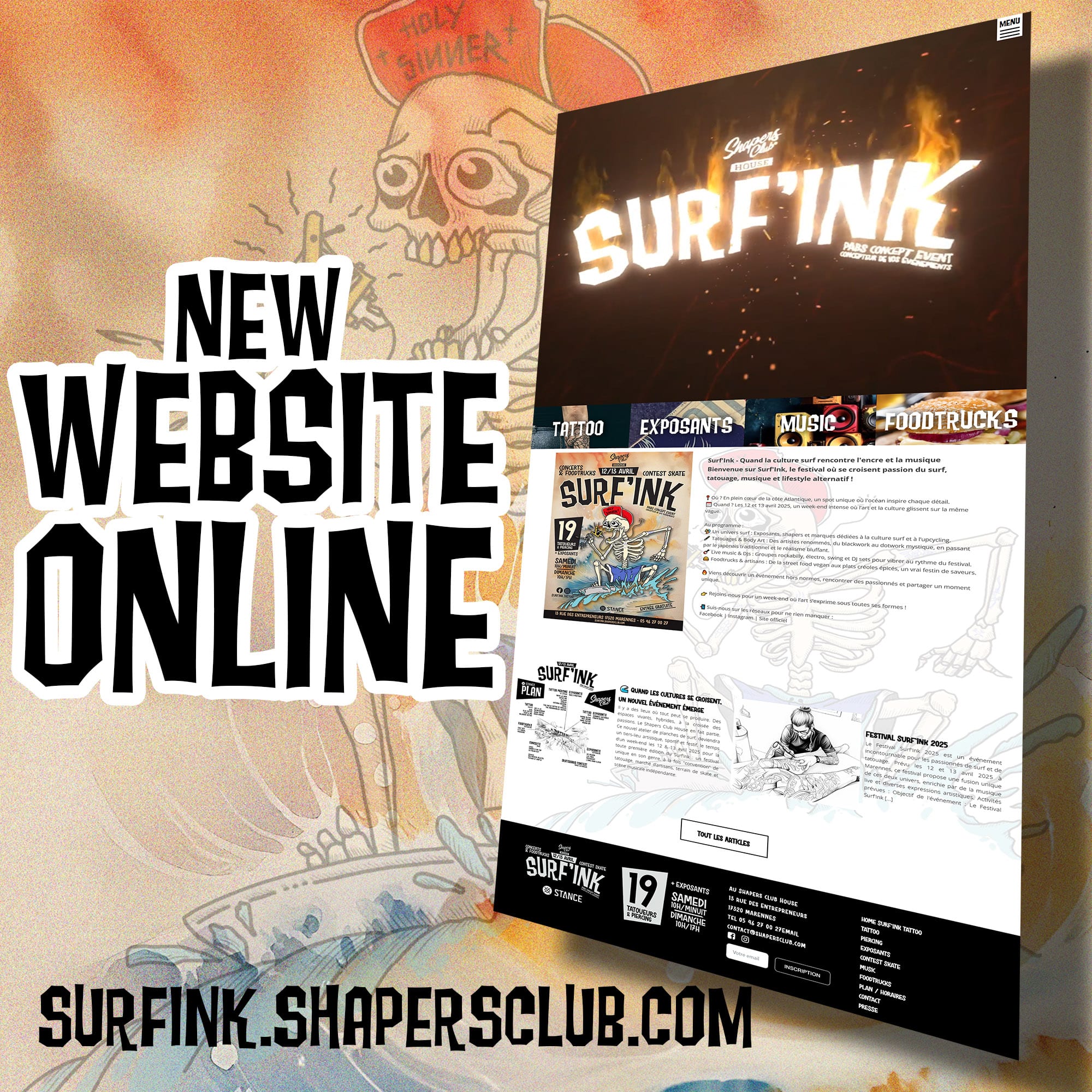 Graphisme promotionnel pour Surfink, présentant un aperçu dynamique du design du site web avec un texte en gras annonçant la mise en ligne du nouveau site web. Découvrez l'intégration fluide des fonctionnalités de Brouillon Auto. La nouvelle expérience web vous attend via l'URL visible en bas de page.