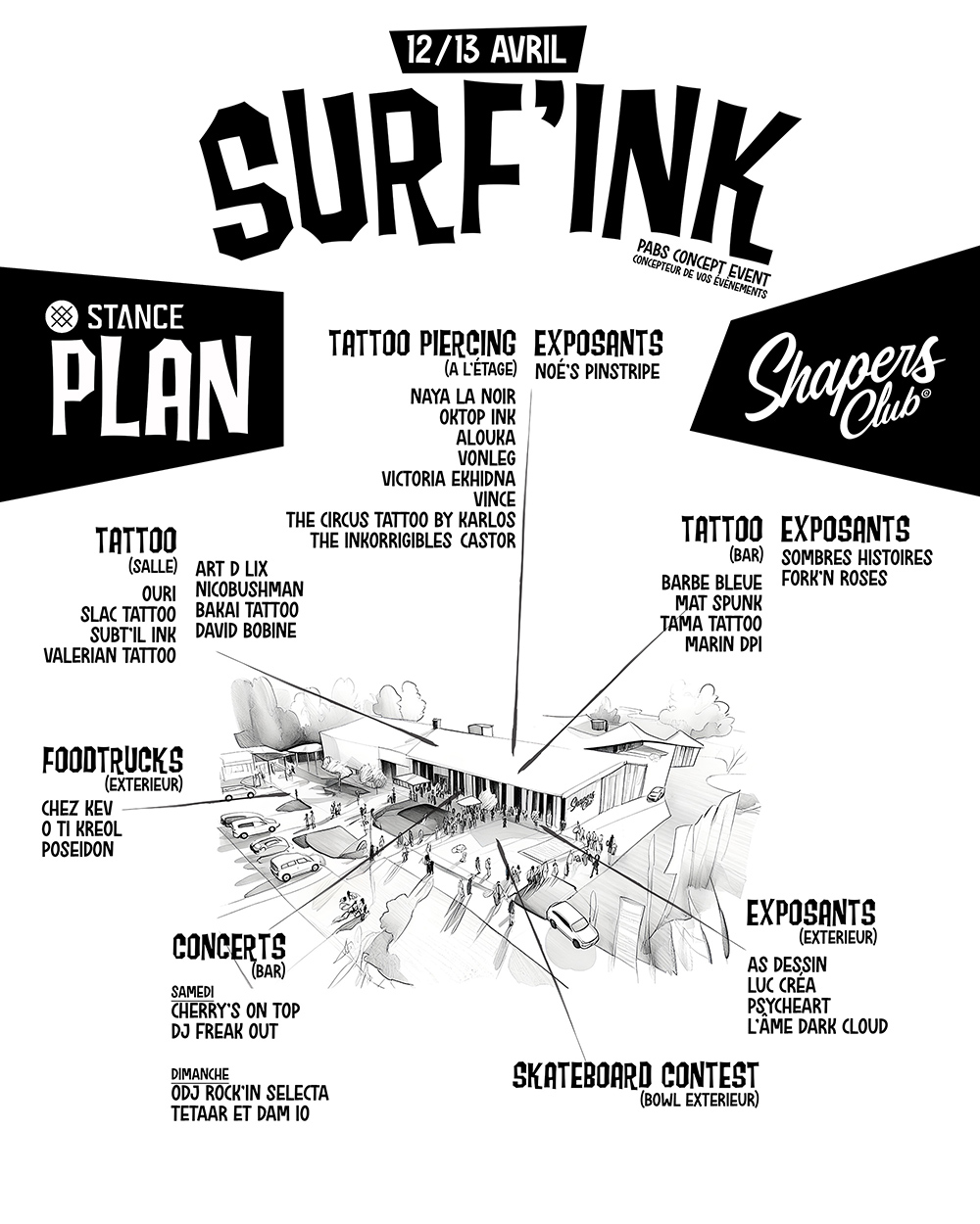 Plan d'événement en noir et blanc pour «&nbsp;Surf'Ink&nbsp;»&nbsp;: tatouages, piercings, concerts, food trucks et expositions. Concours de skateboard à l'honneur, avec Brouillon Auto présentant des véhicules personnalisés. Divers artistes et activités sont cités.