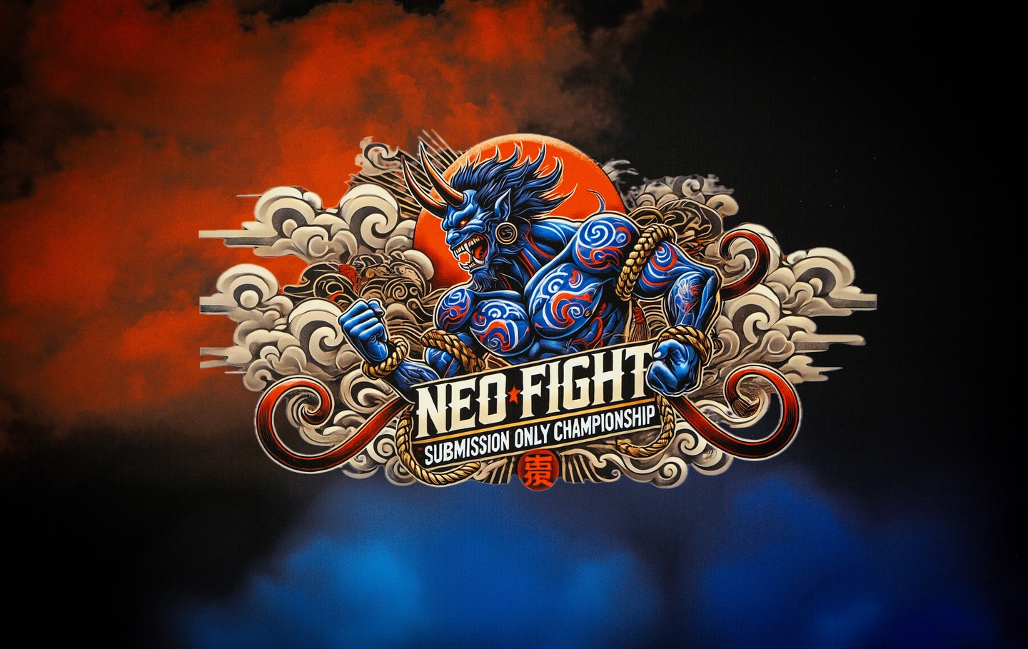 Le logo illustré du « NEOFIGHT Submission Only Championship » présente un démon bleu musclé et tatoué avec des nuages et un soleil rouge en arrière-plan, capturant l'intensité de la Grande Finale à Marennes.