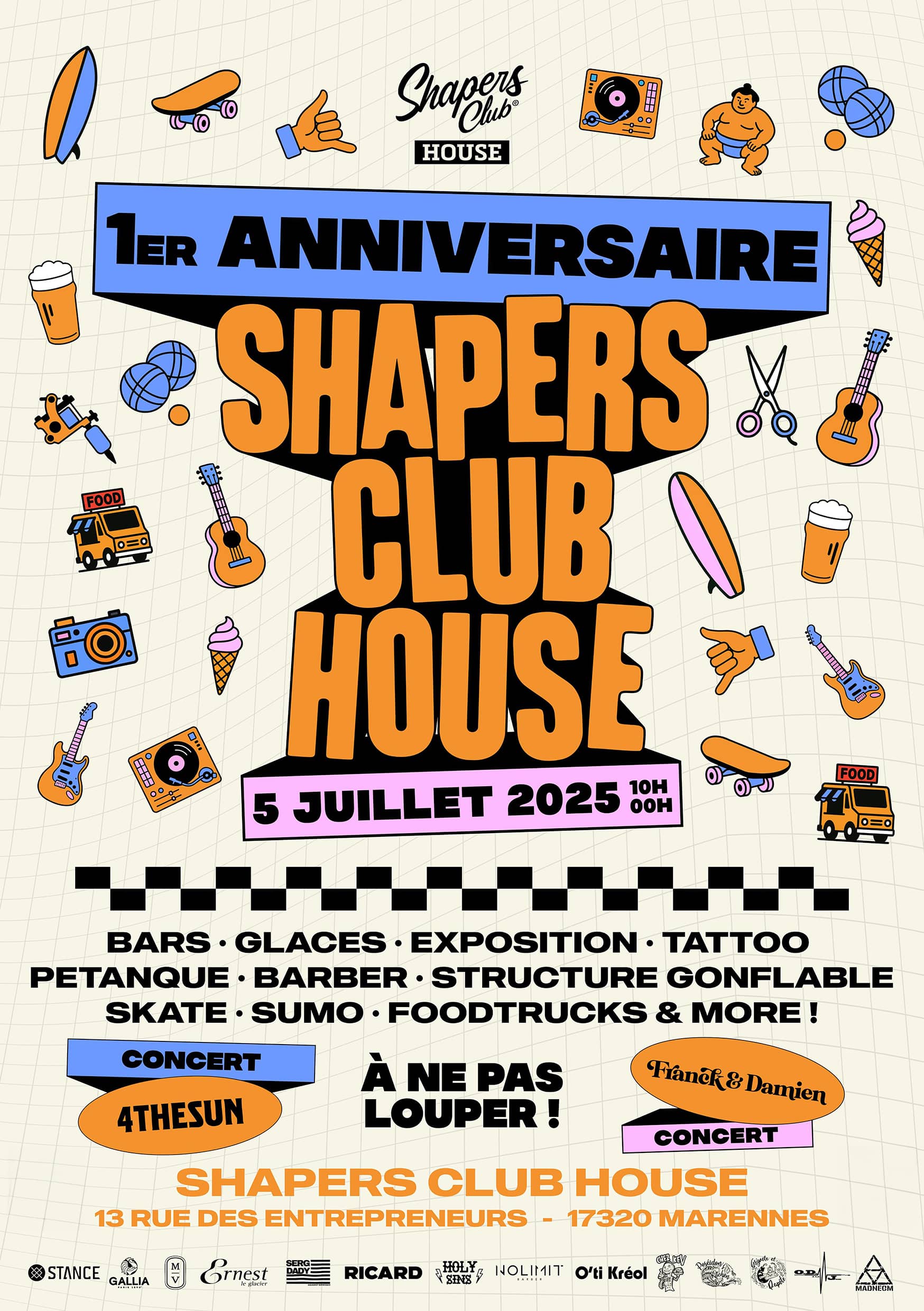 Affiche pour le premier anniversaire du Shapers Club House, le 5 juillet 2025, avec des concerts, des activités et de la nourriture à Marennes, France.