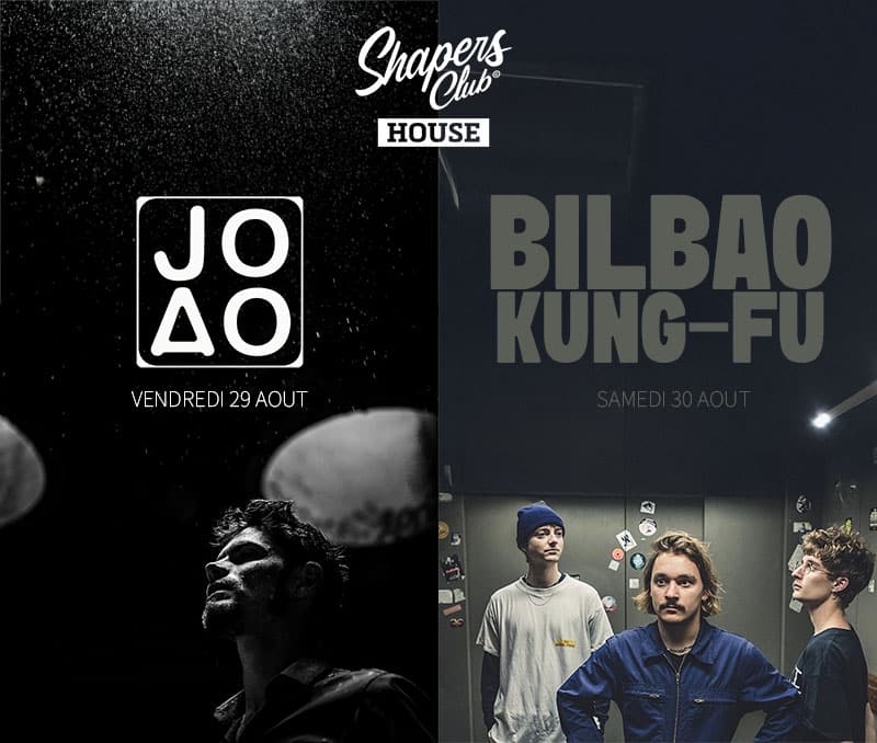 Image fractionnée promouvant des concerts en direct au Shapers Club House, à Marennes : Joao se produisant le vendredi 29 août en noir et blanc ; Bilbao Kung-Fu amenant son groupe de quatre membres en couleur le samedi 30 août.