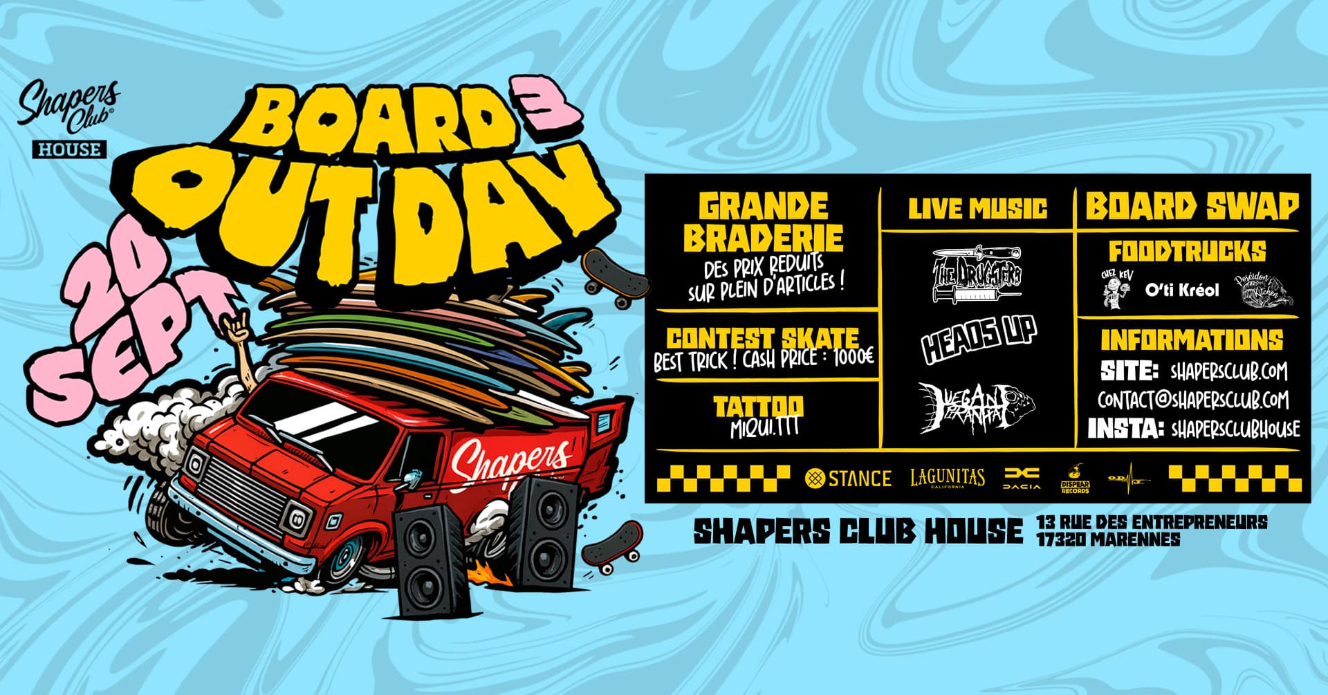 Affiche colorée pour le "BOARD OUT DAY" au Shapers Club House le 20 septembre, avec une camionnette de skate avec des planches, des détails sur l'événement, de la musique live, des food trucks, un échange de planches, et un stand de tatouage.