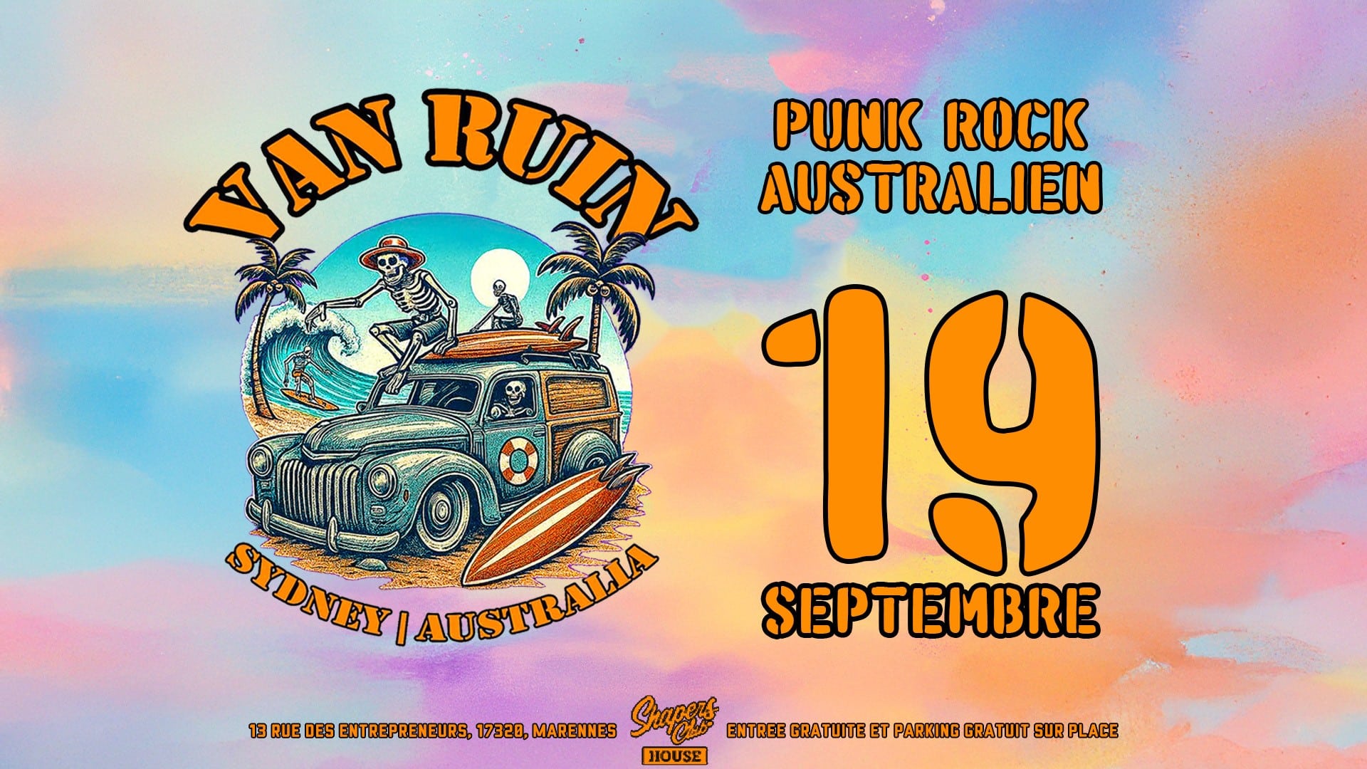 Affiche colorée pour un concert punk rock de Van Ruin à Sydney, Australie, le 19 septembre. Elle comporte une image de surf squelettique et des détails sur le lieu de l'événement en français.