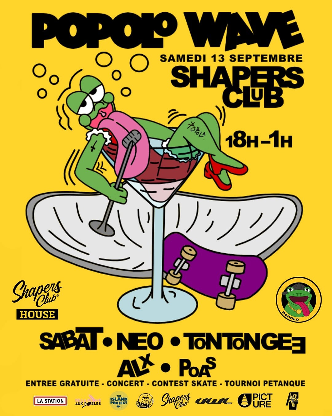 Affiche pour "Popolo Wave" au Shapers Club, samedi 13 septembre, de 18 h à 1 h du matin. Profitez des sets de Sabat, Neo, Tonton Gee, Ax et Poas, ainsi que des concours de skate et de pétanque. Découvrez l'ambiance unique de la Popolo Wave !.