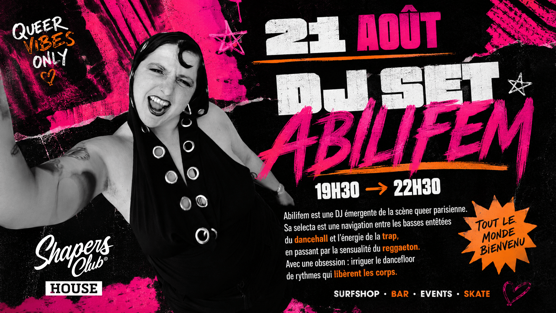 Affiche du DJ set d’Abilifem au Shapers Club House le 21 août