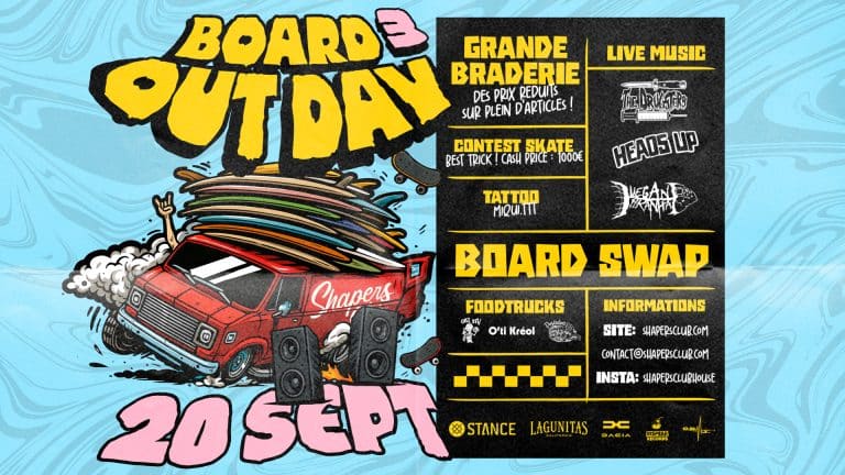 🔥 Board Out Day #3 – Braderie surf, skate contest & concerts live au Shapers Club House à Marennes