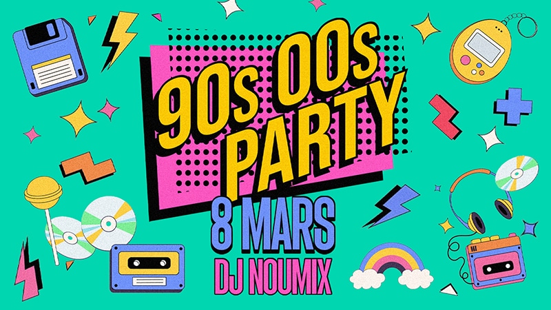 Illustration colorée sur le thème rétro avec les textes « 90s 00s Party », « 8 Mars » et « DJ Noumix », avec des icônes telles que des disquettes, des CD, des cassettes et des écouteurs sur un fond turquoise. Parfait pour une soirée rétro au Shapers Club House !.